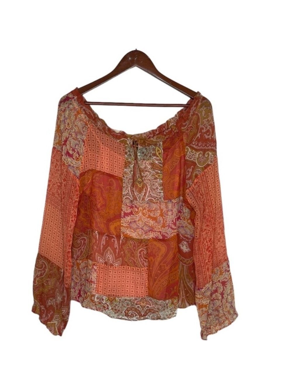 ECI New York Silk Peasant Blouse Medium Paisley Boho Semi Sheer